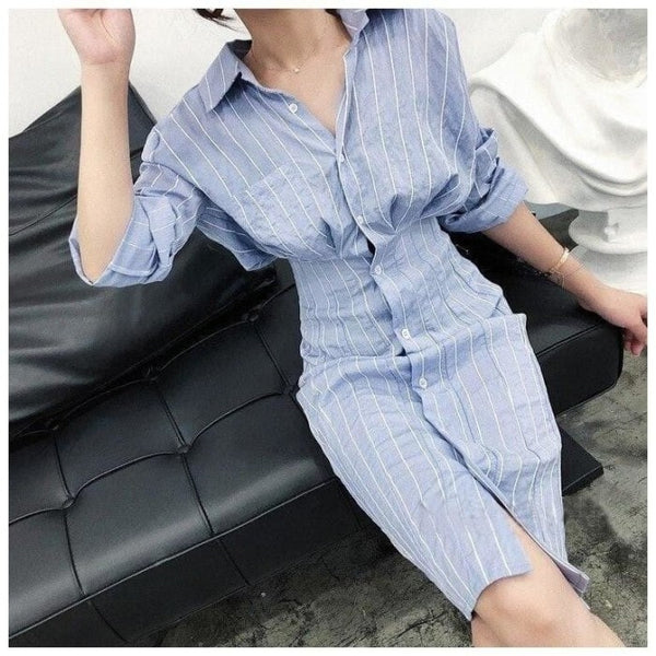 Blue Oval Collar Button Down Dress