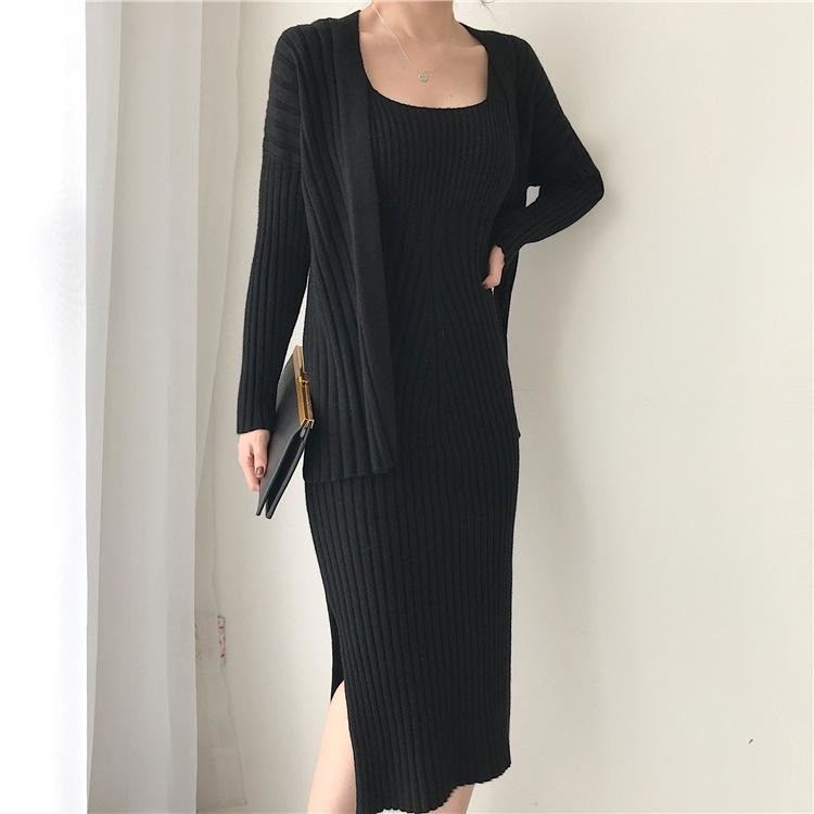 Knit Cardigan Two-Piece Dress Khaki / One Size Knit Cardigan Two-Piece Dress Khaki / One Size