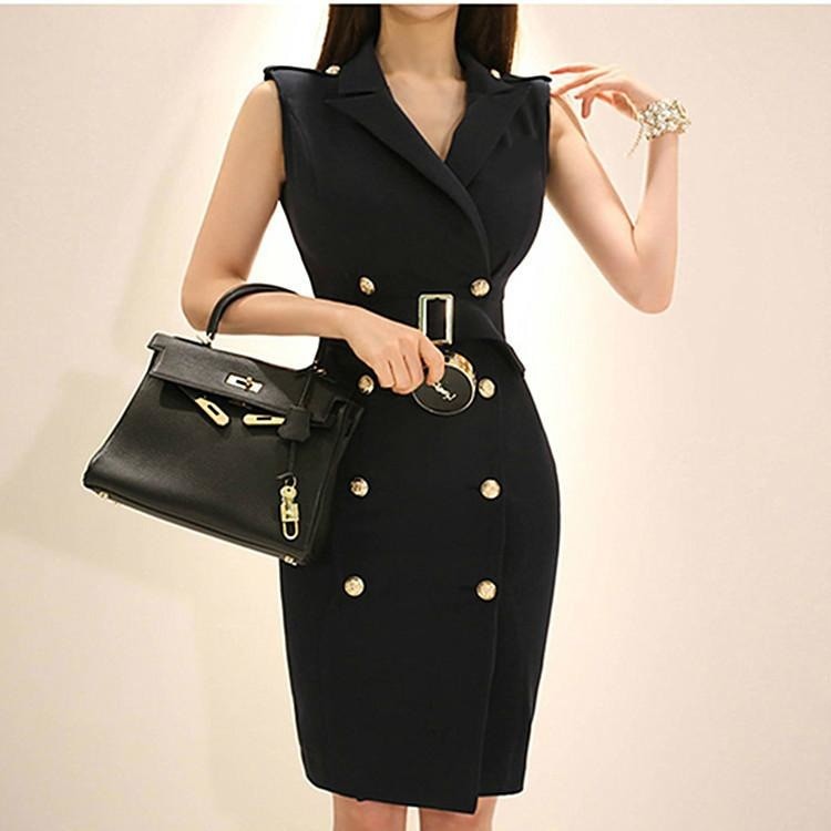 Double Breasted Sleeveless Blazer Dress Black / M