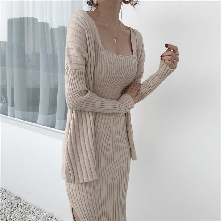 Knit Cardigan Two-Piece Dress Khaki / One Size Knit Cardigan Two-Piece Dress Khaki / One Size