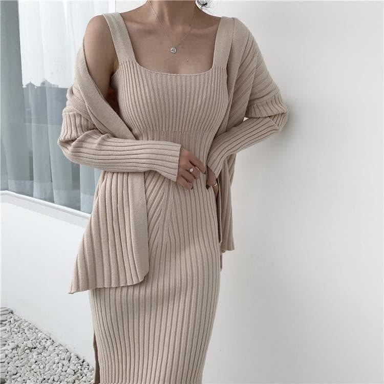 Knit Cardigan Two-Piece Dress Khaki / One Size Knit Cardigan Two-Piece Dress Khaki / One Size